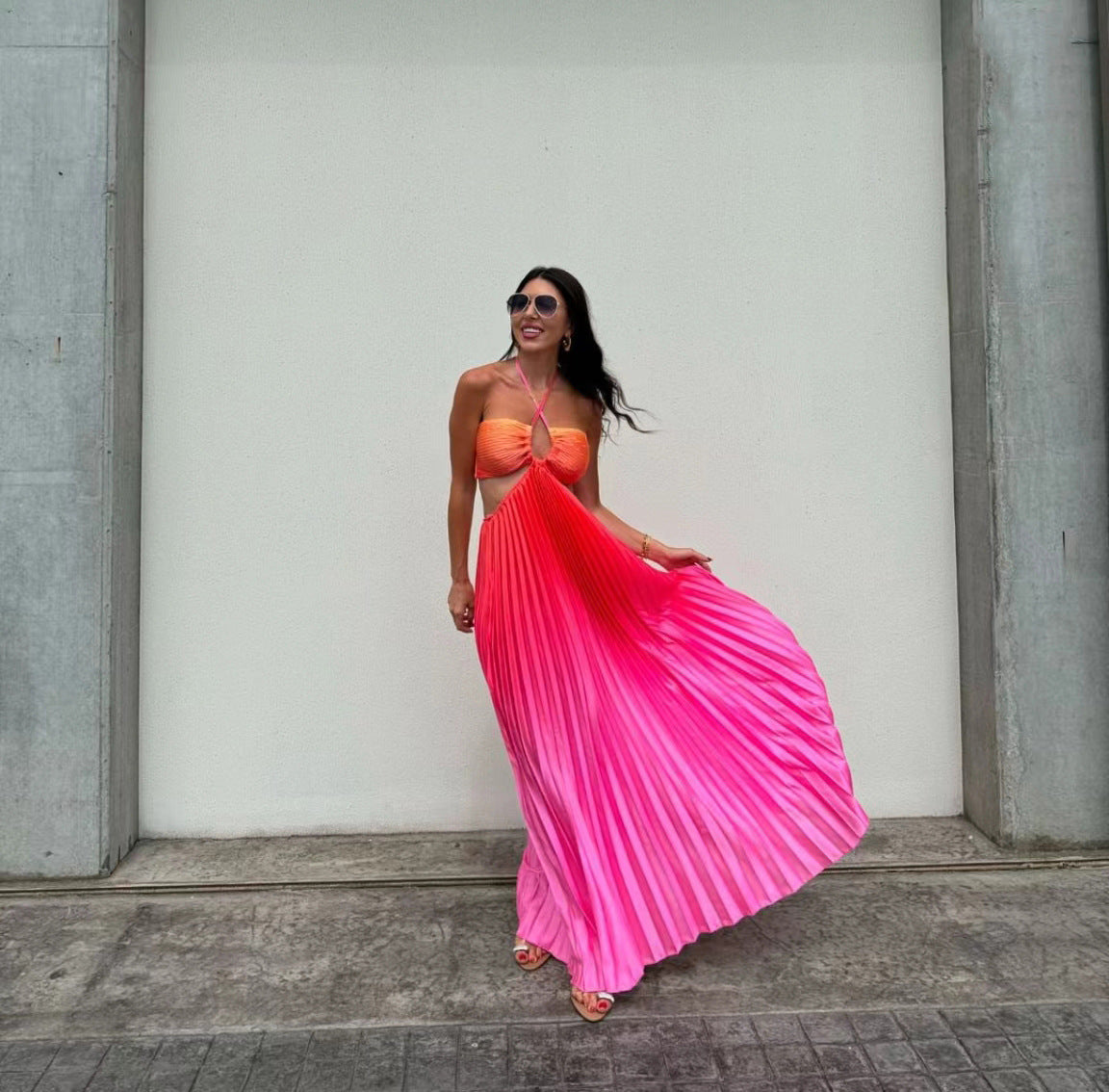 Vestido Longo Plinsado Degrade