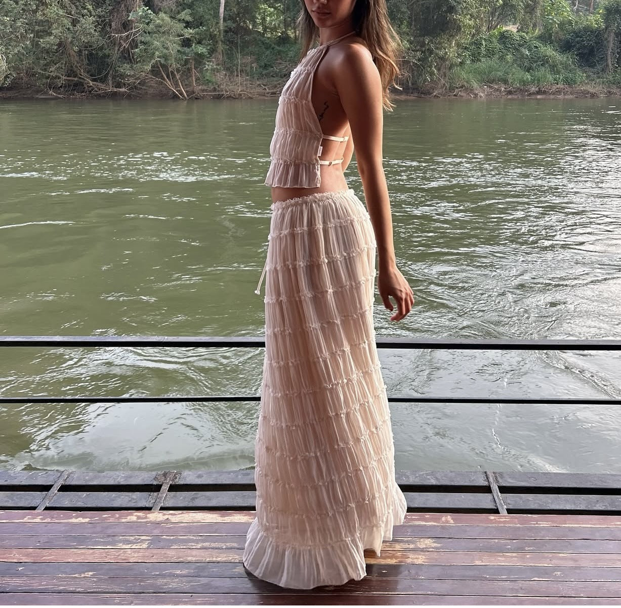 Conjunto Boho Backless Top e Saia Longa
