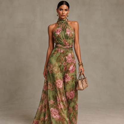 Vestido Longo Floral com Gola Halter - Moda Festa l CAROL ESPAÇO FASHION