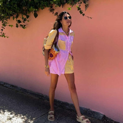 Conjunto  Camisa e Short Listrado Feminino