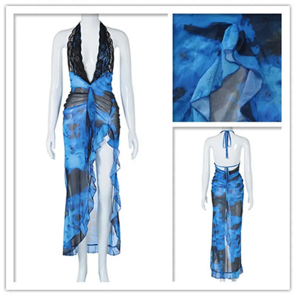 Vestido Ocean Breeze: Estampado com Babados e Decote Profundo
