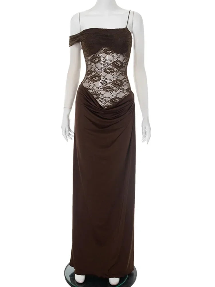 Vestido Longo Marrom Drapeado com Renda