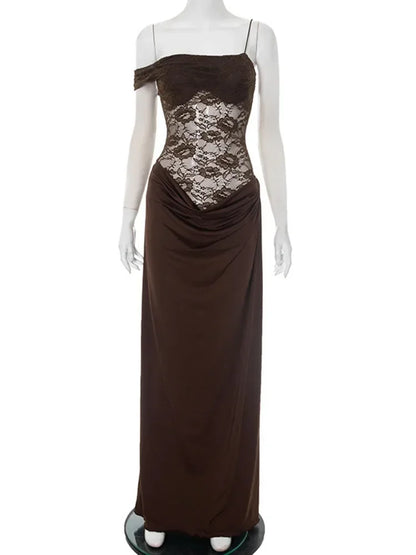 Vestido Longo Marrom Drapeado com Renda