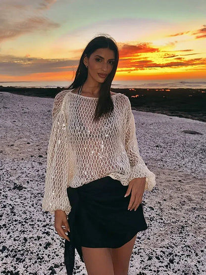 Blusa Feminina Tricot Vazado com Paetês Shine - Casual Chic l CAROL ESPAÇO FASHION