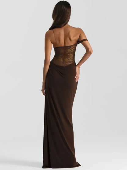 Vestido Longo Marrom Drapeado com Renda
