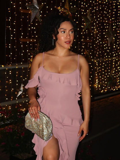 Vestido Longo Babado Com Fenda Lateral