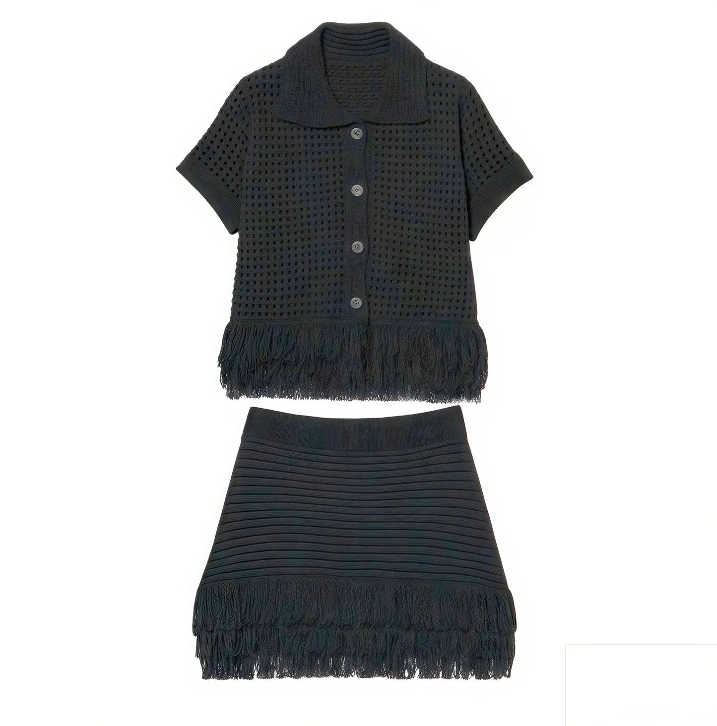 Conjunto Cropped e Saia Tricô Franja