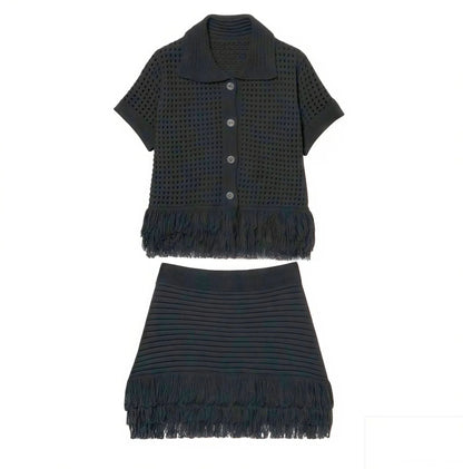 Conjunto Cropped e Saia Tricô Franja