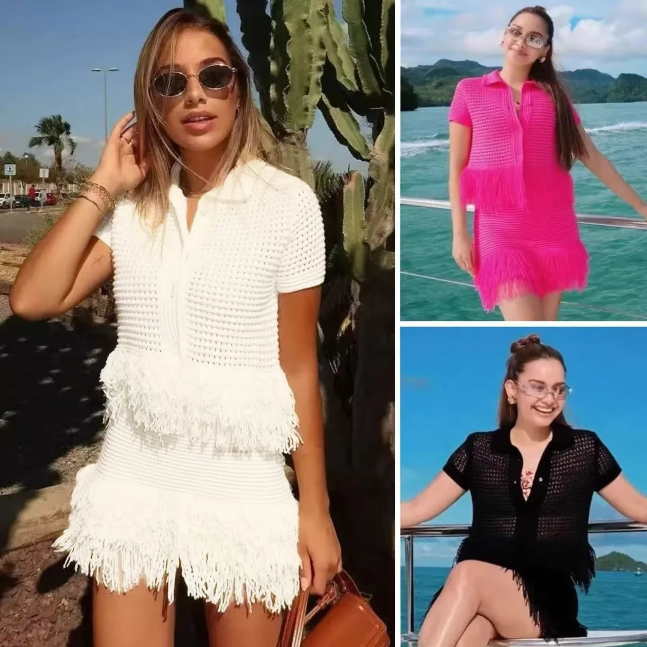 Conjunto Cropped e Saia Tricô Franja