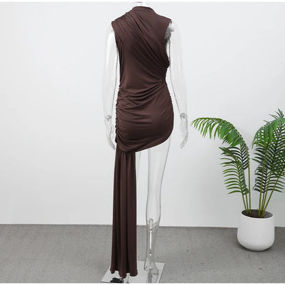 Vestido Curto Ribbon Assimétrico Drapeado Marrom