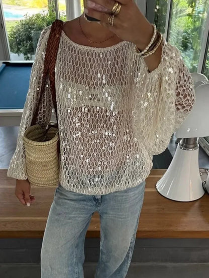 Blusa Feminina Tricot Vazado com Paetês Shine - Casual Chic l CAROL ESPAÇO FASHION