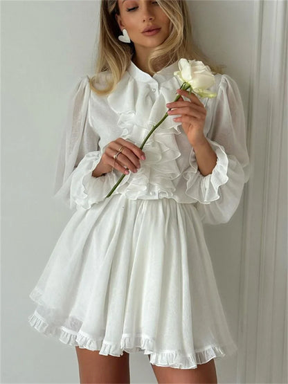 Vestido Curto Branco com Babados e Manga Longa - Moda Festa l CAROL ESPAÇO FASHION