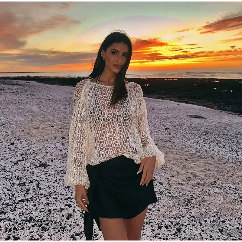 Blusa Feminina Tricot Vazado com Paetês Shine - Casual Chic l CAROL ESPAÇO FASHION