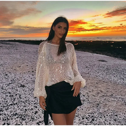 Blusa Feminina Tricot Vazado com Paetês Shine - Casual Chic l CAROL ESPAÇO FASHION