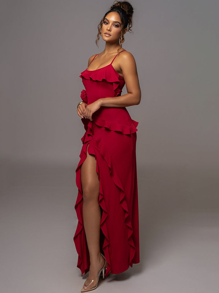 Vestido Longo Babado Com Fenda Lateral