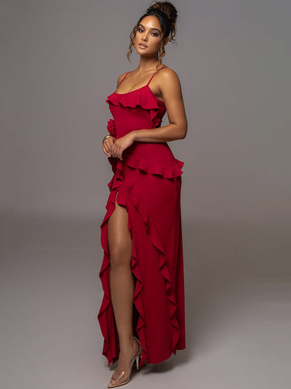 Vestido Longo Babado Com Fenda Lateral