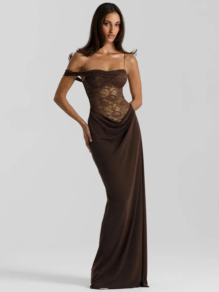 Vestido Longo Marrom Drapeado com Renda