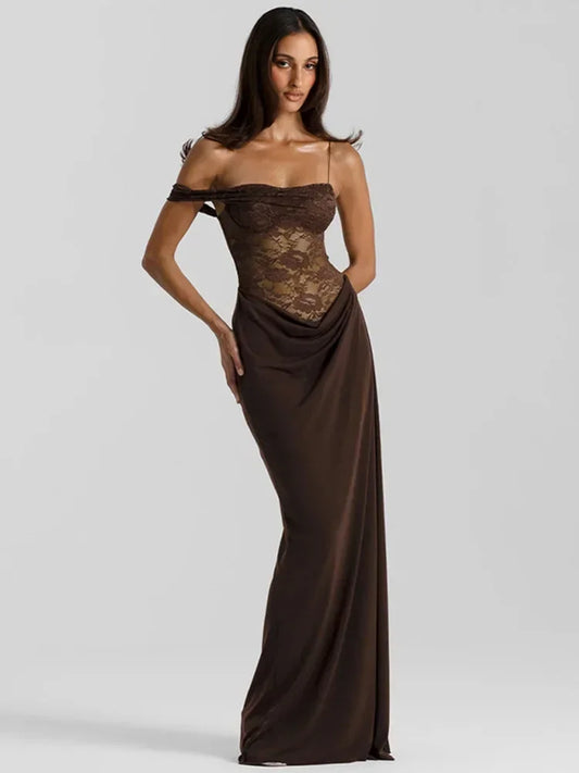Vestido Longo Marrom Drapeado com Renda