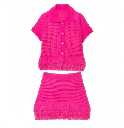 Conjunto Cropped e Saia Tricô Franja