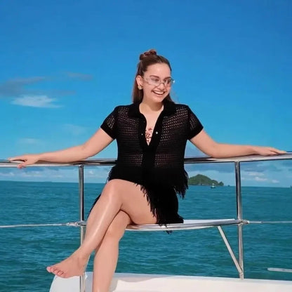 Conjunto Cropped e Saia Tricô Franja