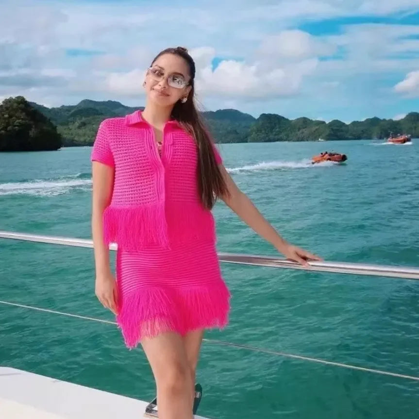 Conjunto Cropped e Saia Tricô Franja