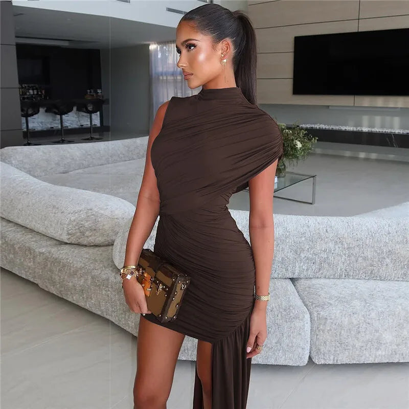 Vestido Curto Ribbon Assimétrico Drapeado Marrom
