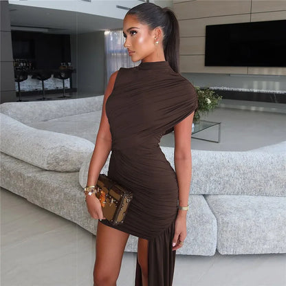 Vestido Curto Ribbon Assimétrico Drapeado Marrom