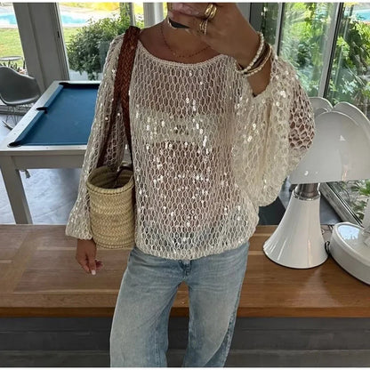 Blusa Feminina Tricot Vazado com Paetês Shine - Casual Chic l CAROL ESPAÇO FASHION