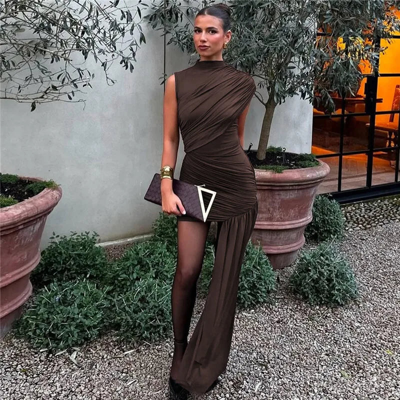 Vestido Curto Ribbon Assimétrico Drapeado Marrom