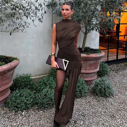 Vestido Curto Ribbon Assimétrico Drapeado Marrom