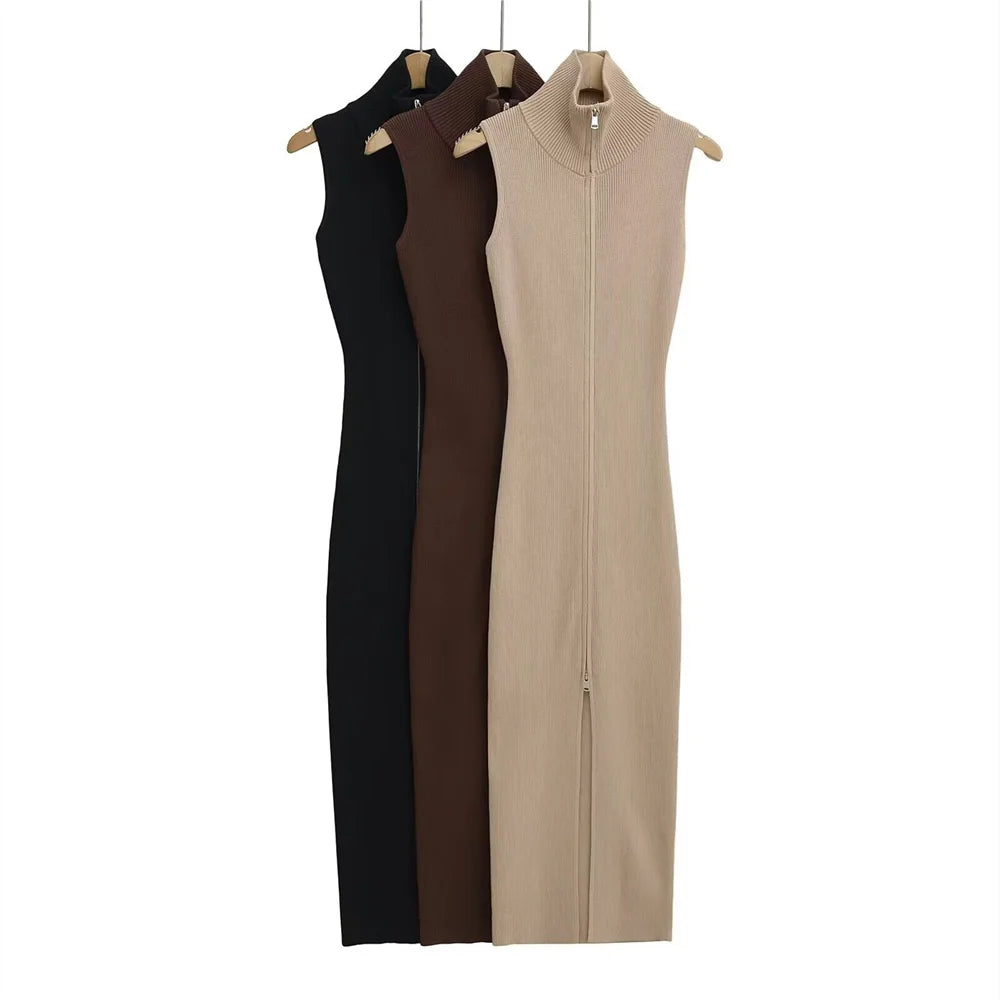 Vestido Canelado Longo Ziper