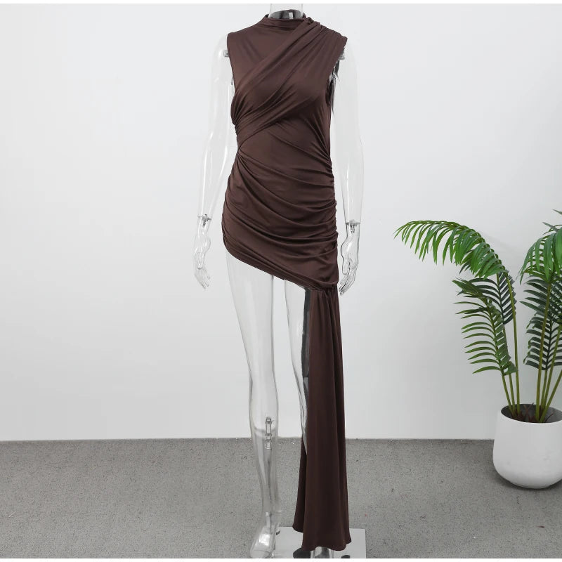 Vestido Curto Ribbon Assimétrico Drapeado Marrom