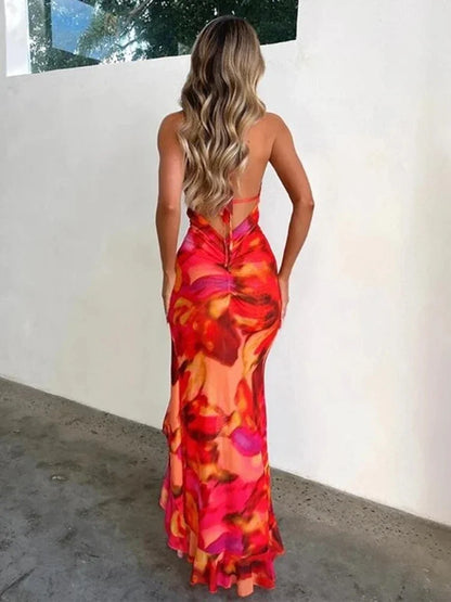 Vestido Ocean Breeze: Estampado com Babados e Decote Profundo