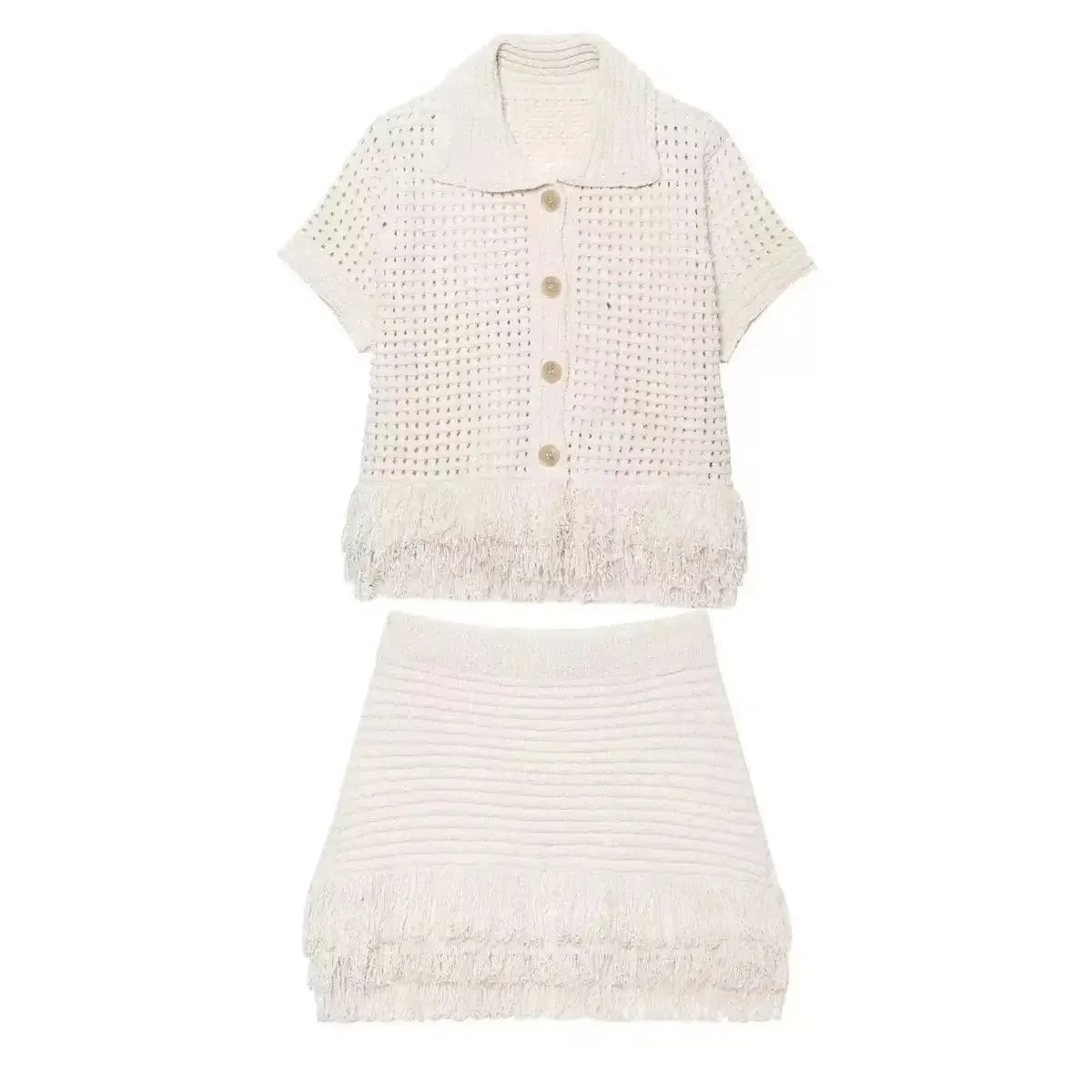 Conjunto Cropped e Saia Tricô Franja