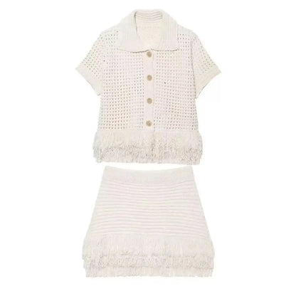 Conjunto Cropped e Saia Tricô Franja