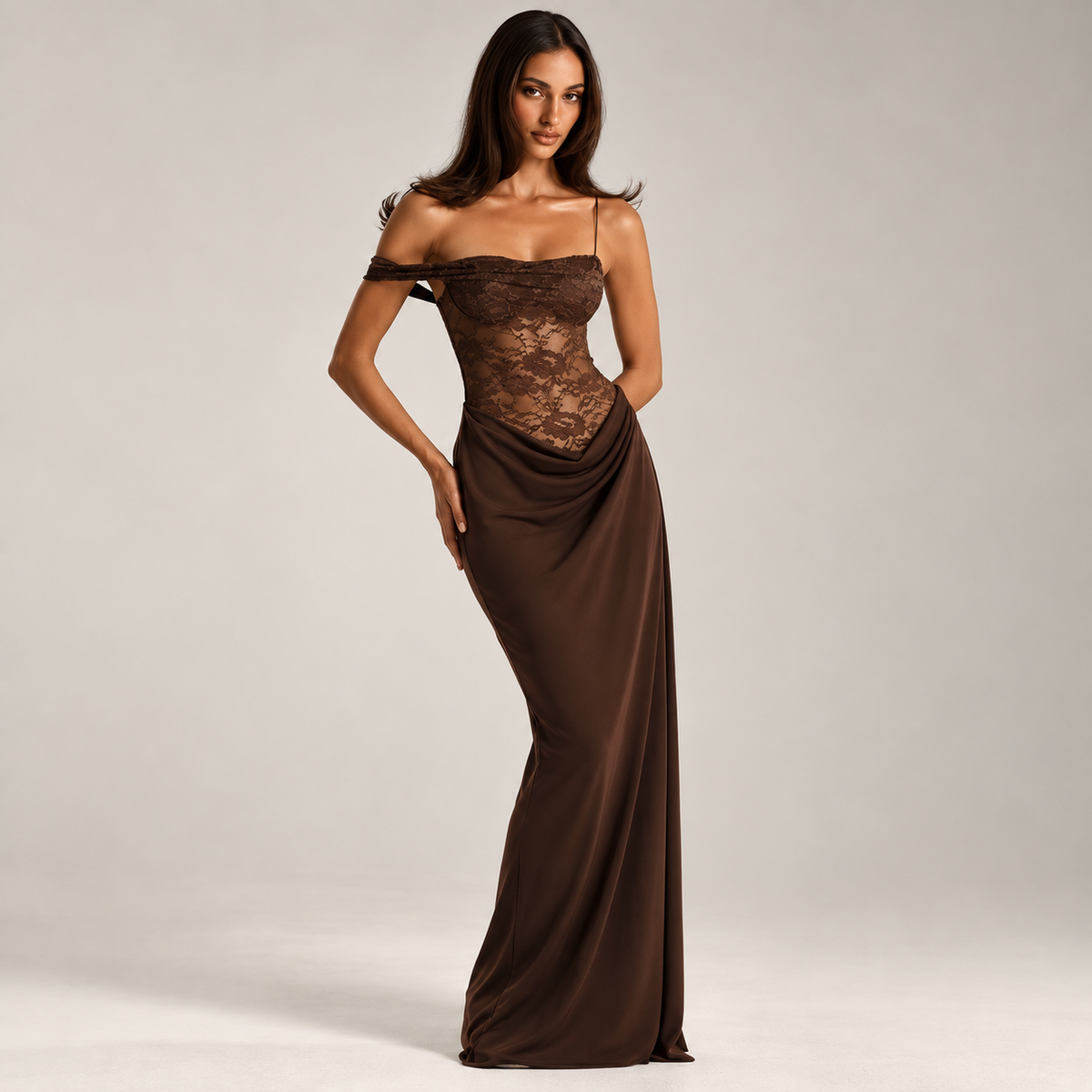 Vestido Longo Marrom Drapeado com Renda - Moda Festa l CAROL ESPAÇO FASHION