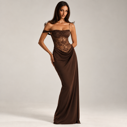 Vestido Longo Marrom Drapeado com Renda - Moda Festa l CAROL ESPAÇO FASHION