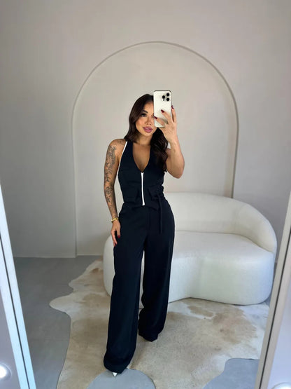Conjunto Feminino Viana Cropped com Zíper e Calça Pantalona - Sale