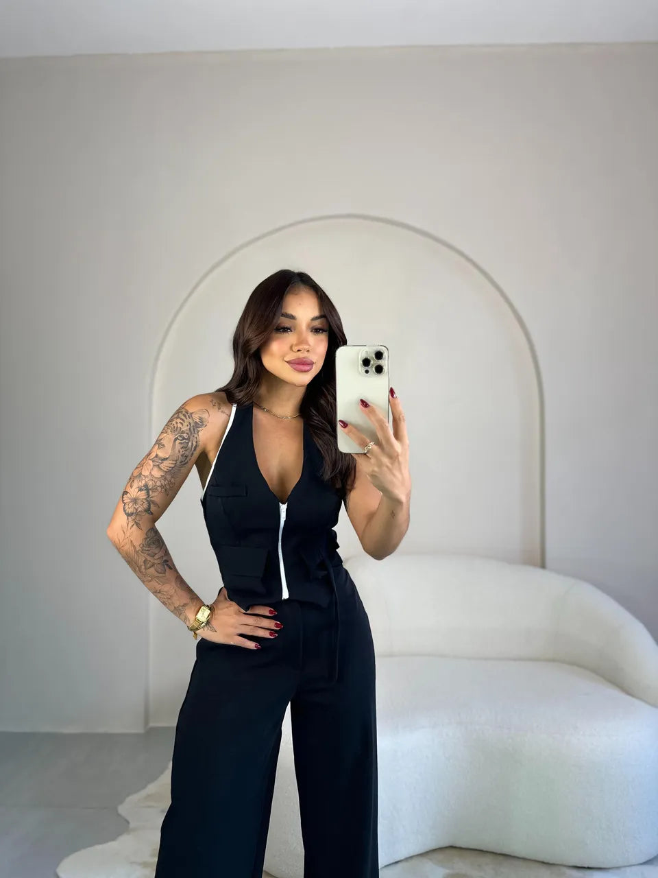Conjunto Feminino Viana Cropped com Zíper e Calça Pantalona - Sale