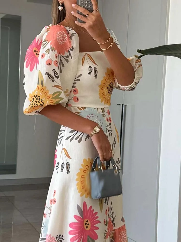 Vestido Longo Estampado Com Mangas