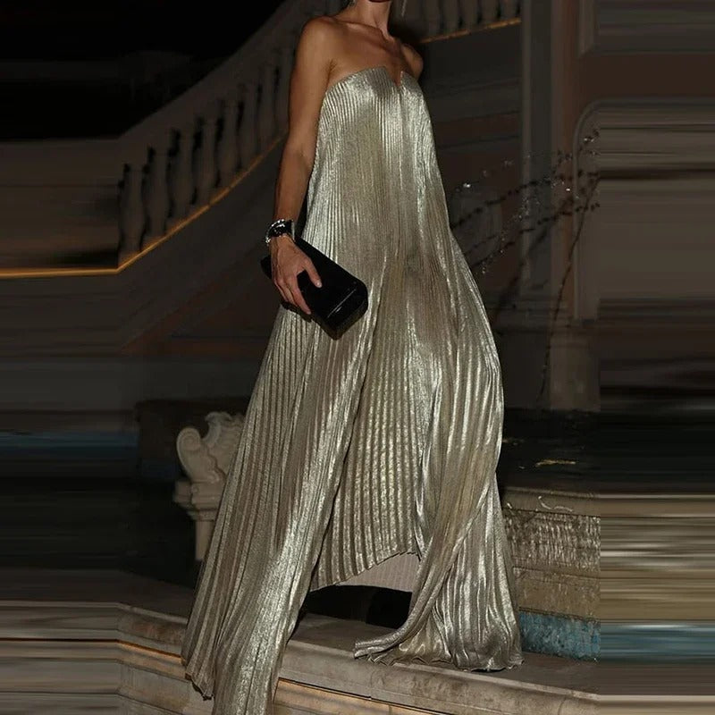Vestido Plissado Longo Assimétrico Metalizado