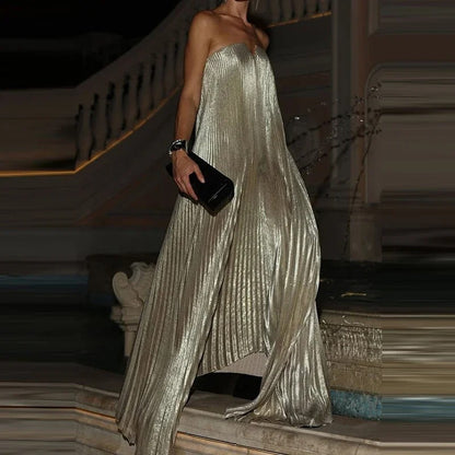 Vestido Plissado Longo Assimétrico Metalizado