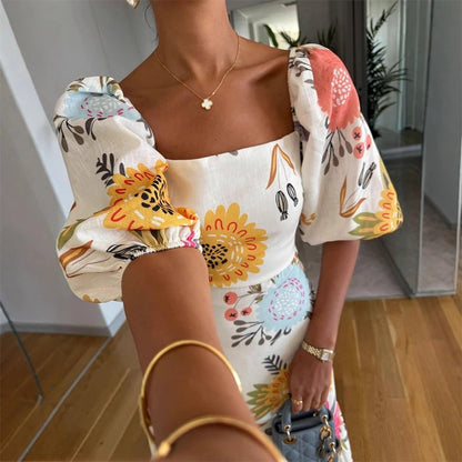 Vestido Longo Estampado Com Mangas