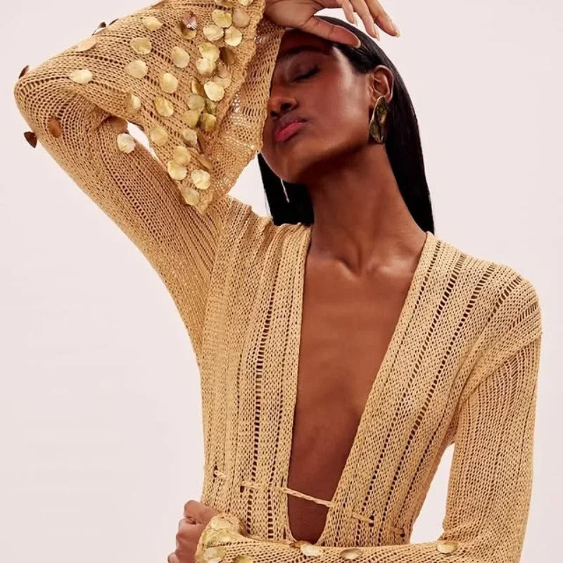 Saída Vestido Longo Glamour Dourado com Paetês