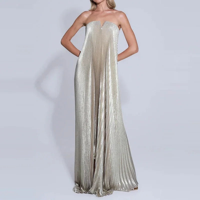 Vestido Plissado Longo Assimétrico Metalizado