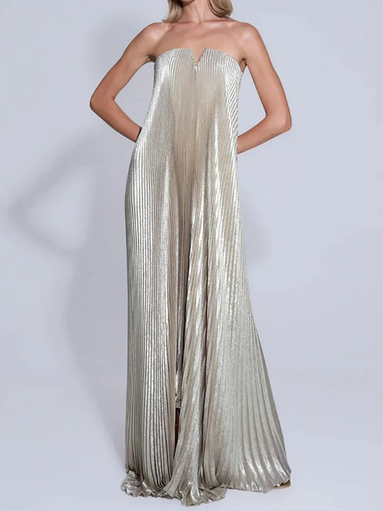 Vestido Plissado Longo Assimétrico Metalizado