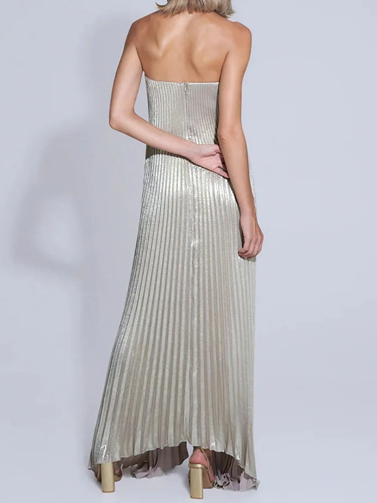 Vestido Plissado Longo Assimétrico Metalizado