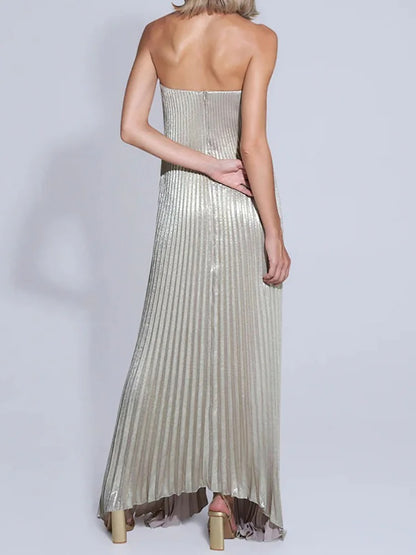 Vestido Plissado Longo Assimétrico Metalizado