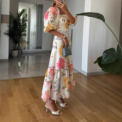 Vestido Longo Estampado Com Mangas