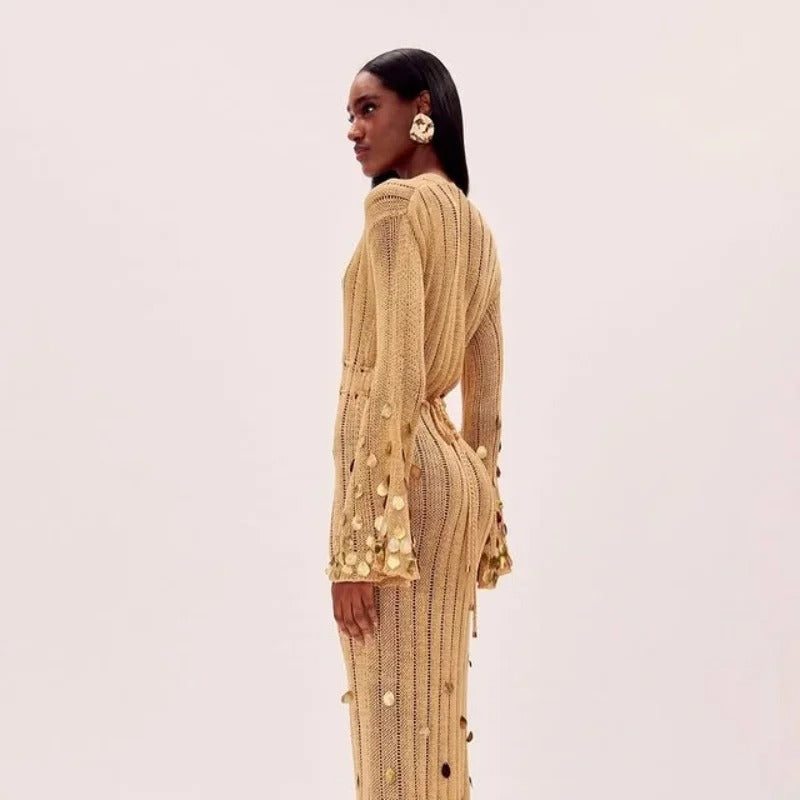 Saída Vestido Longo Glamour Dourado com Paetês